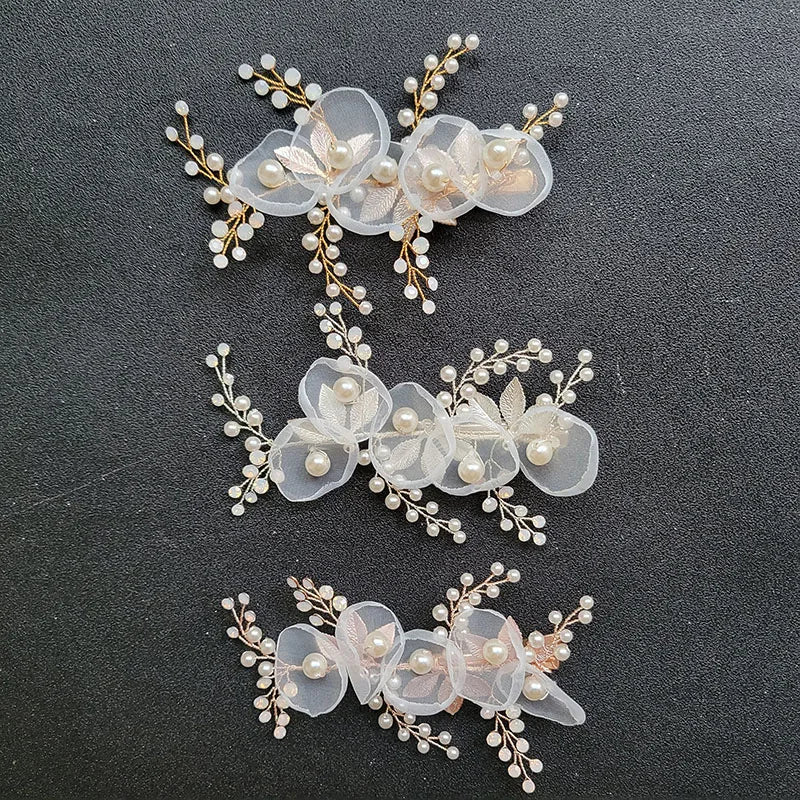 SLBRIDAL Handmade Alloy Flower Leaf Opal Crystal Pearls Bridal Hair Clip Barrettes Wedding Headpieces Women Hair Accessories