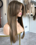Cuticle Aligned Remy Virgin European Human Hair Wig Highlight Brown Straight Natural Wave Glueless HD Swiss Lace Front Wig