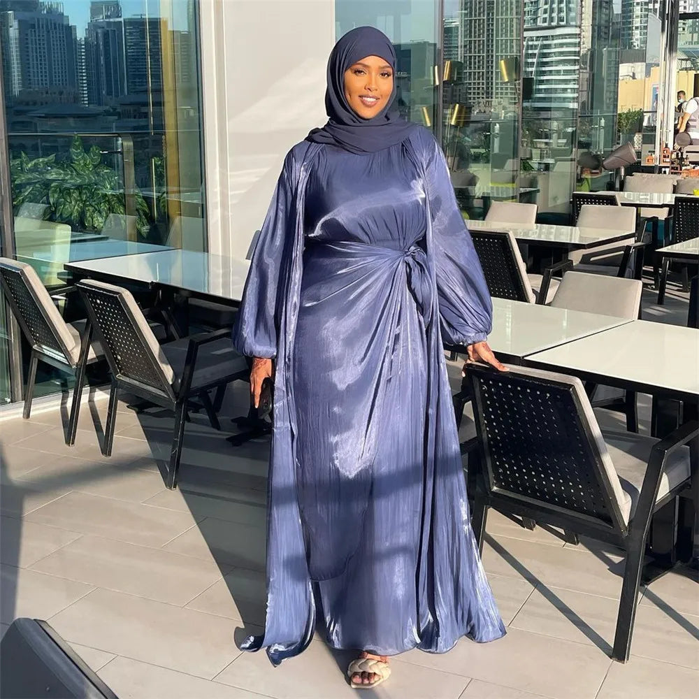 Modest Fashionable Satin Abaya and Hijab  Women Muslim Dress Turkey Islamic Solid Dress Long for Women