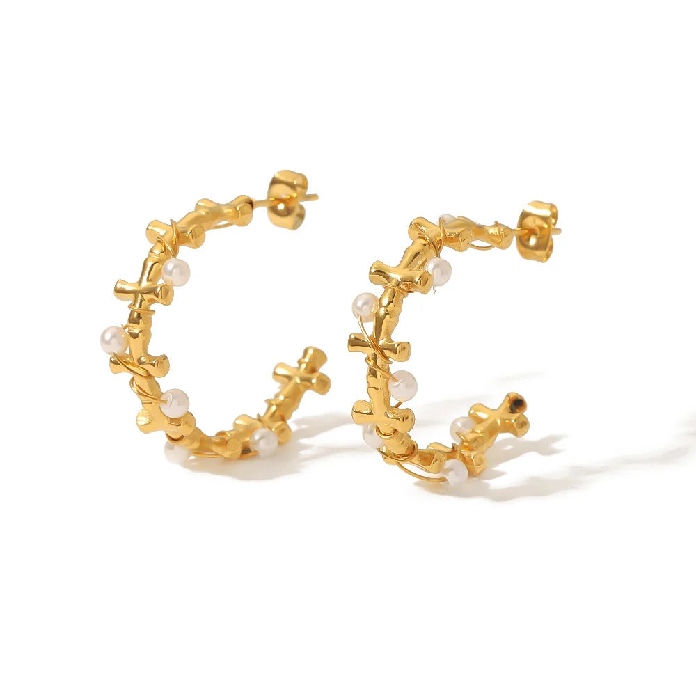 Vintage Stainless Steel 18K Gold Plated Cross Bamboo Shell Pearl CC Shape Earrings for Women Pearl Inlay Waterproof Jewelry