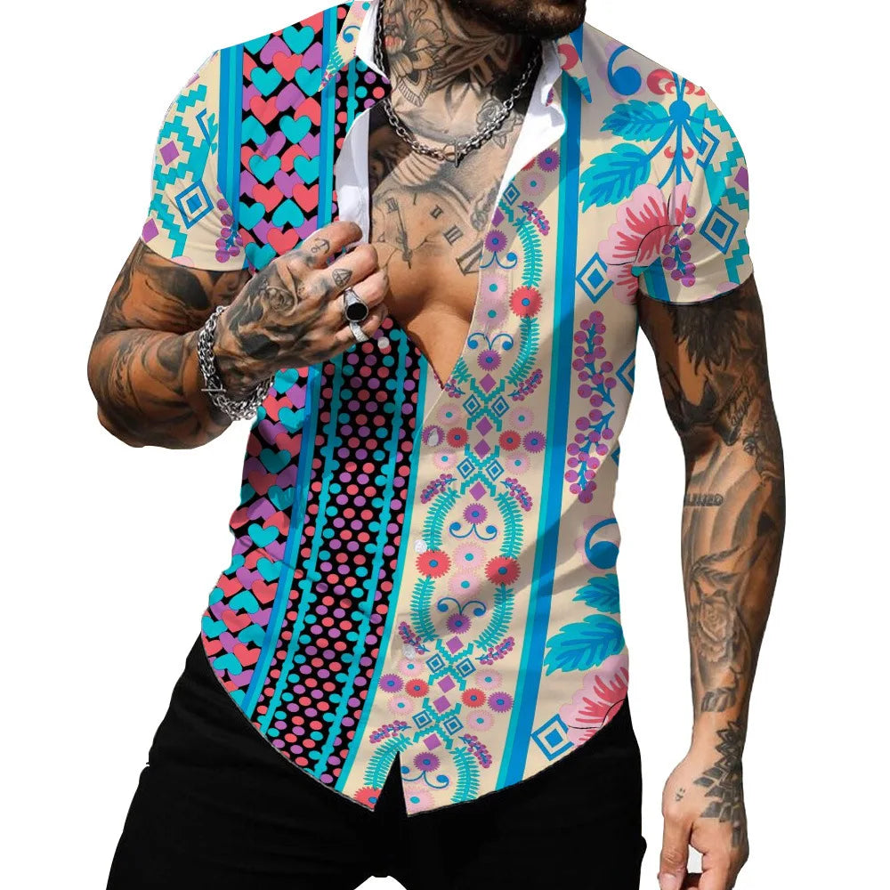 2024 Summer Vintage T-shirts Pour Hommes Aztec Geometric Printed Short Sleeve Lapel Shirts for Men