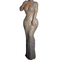 See Through V Neck Crystal Evening Prom Maxi Dress Women Long Sleeves Floor Length Banquet Party Dress Dinner Gown Club Costume