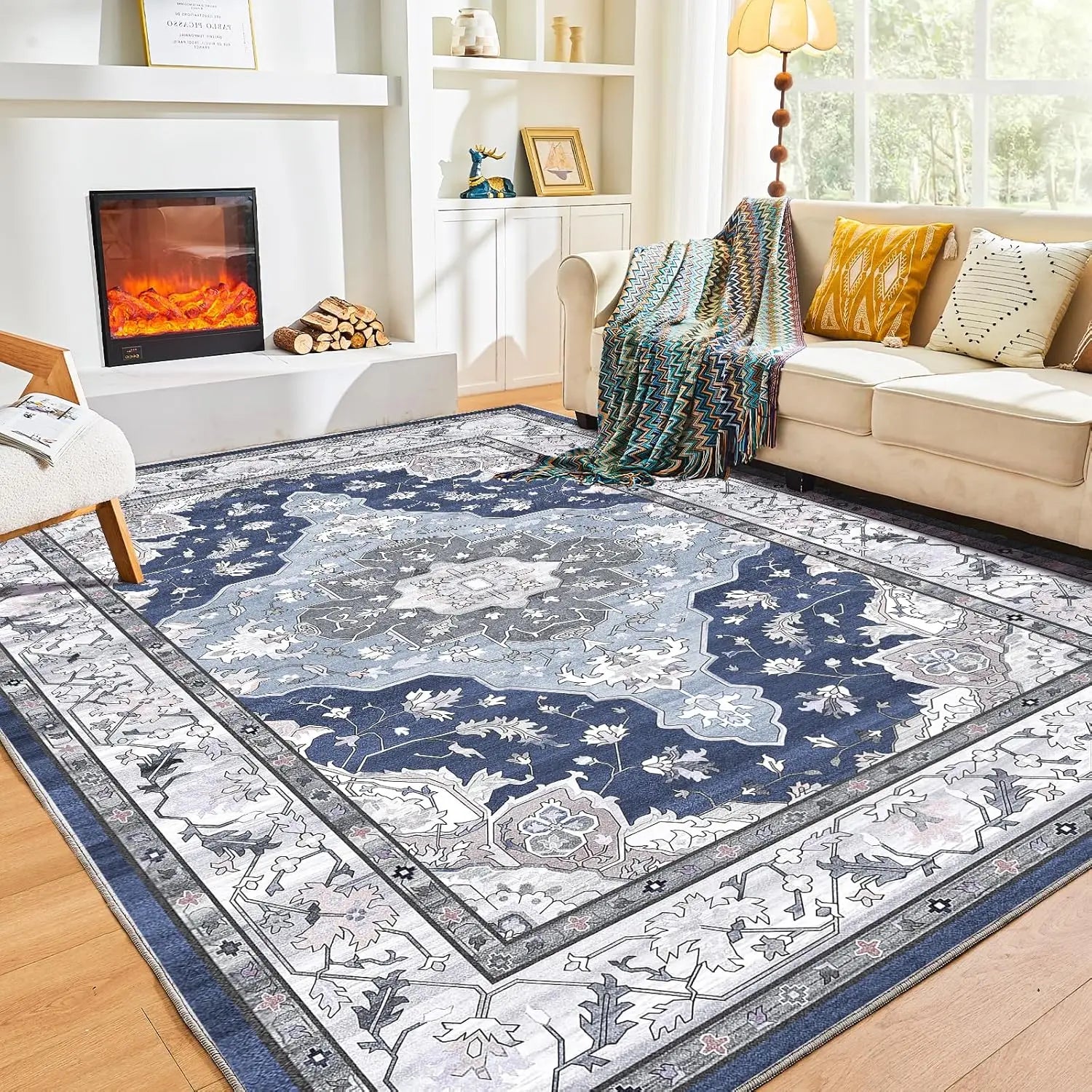 Modern Blue Green Floral Machine Made Bohemian Area Rug Non-Slip Machine Washable Plush Floor Mat for Home Decor Living Room