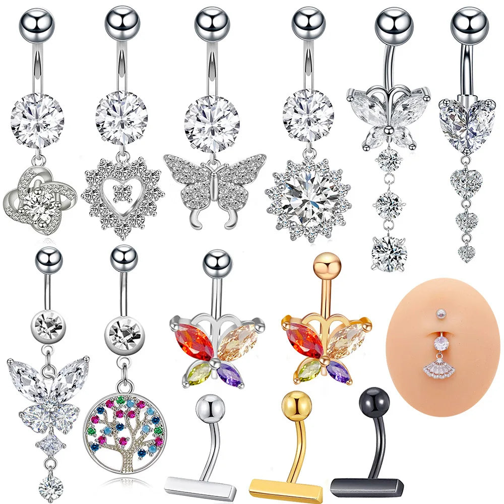 Gaby pink butterfly Belly Rings Stainless Steel Silver Plated Belly Piercing Belly Button Ring Wholesale Piercing Jewelry