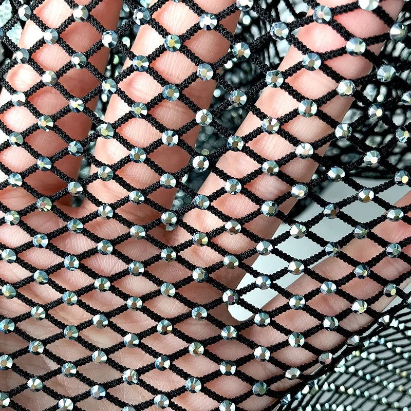 N001 Rhinestone Fishnet Fabric for Making Dress Rhinestone Tulle Lace Fabric Rhinestone Stretch Mesh
