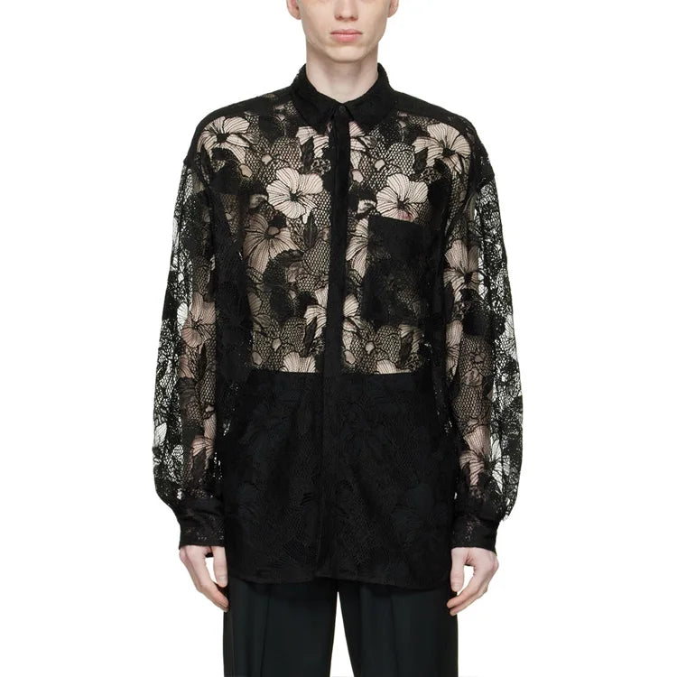 Custom Cotton Shirts for Men Long Sleeve Lace Transparent Sheer Mens Shirt