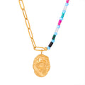 Retro Gold Plated Stainless Steel Portrait Oval Pendant Necklace Boho Paper Clip Chains Splicing Natural Stone Beaded Necklace