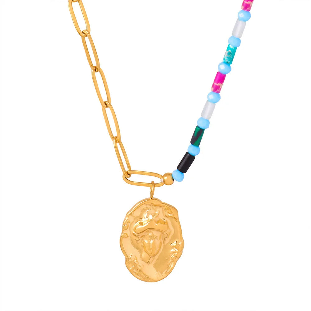 Retro Gold Plated Stainless Steel Portrait Oval Pendant Necklace Boho Paper Clip Chains Splicing Natural Stone Beaded Necklace