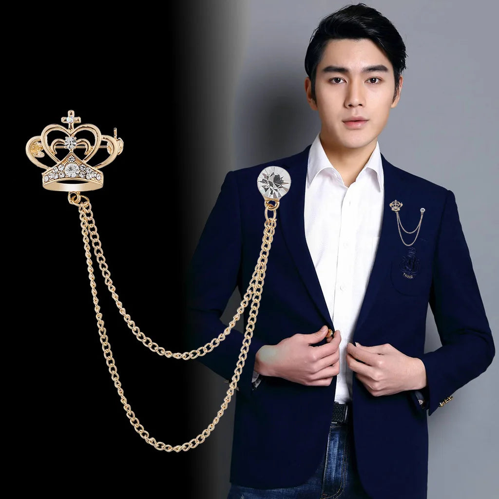 2023 High-End Business Suit Chain Tassel Diamond Suit Dress Corsage Crown Brooch for Men