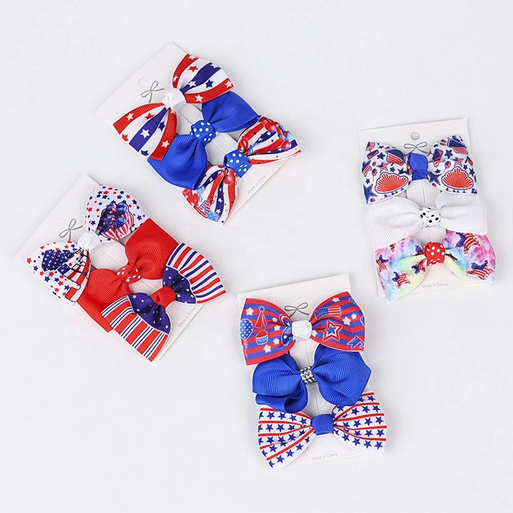 New Arrivals 3 Pieces Kids Wholesale National Day Threaded Hair Clips of United States Hair Accessories for Kids
