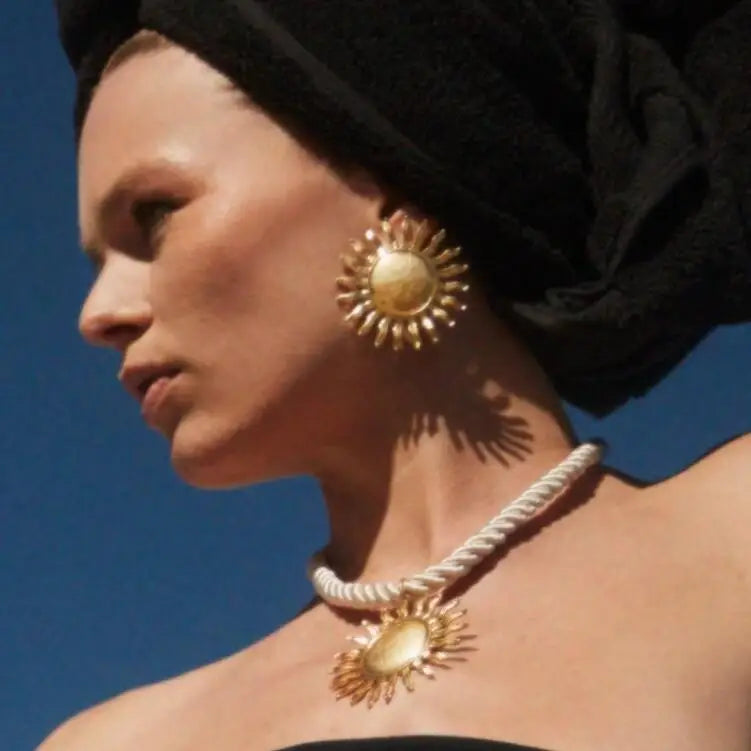 ZA Bohemia Gold Plated Sunflower Necklace and Earring Sets for Women Jewelry Set Accessories