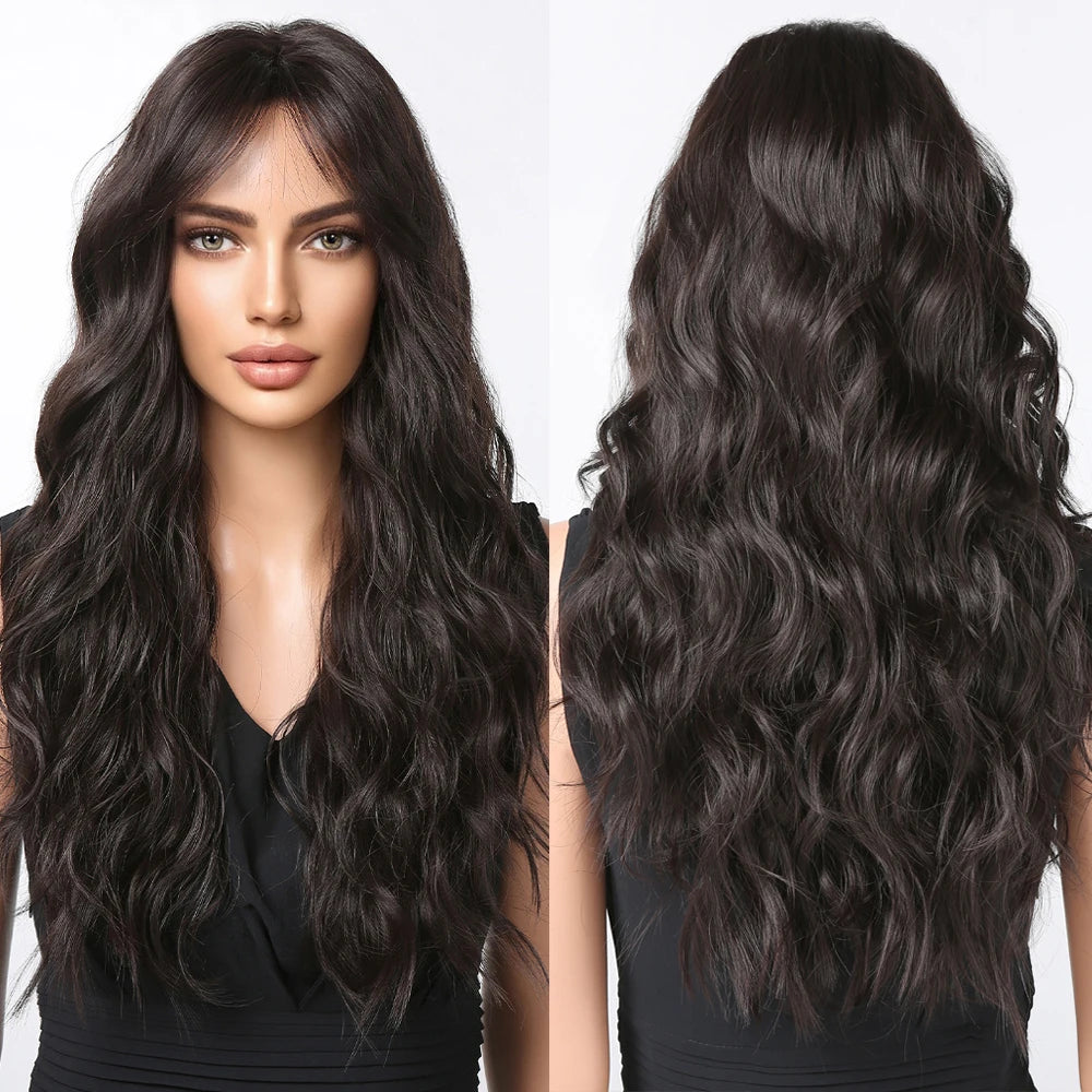Wigs Wholesale Synthetic Dark Brown Long Wavy Wigs for Women Natural Wave Hair With Bangs Heat Resistant Female Wig