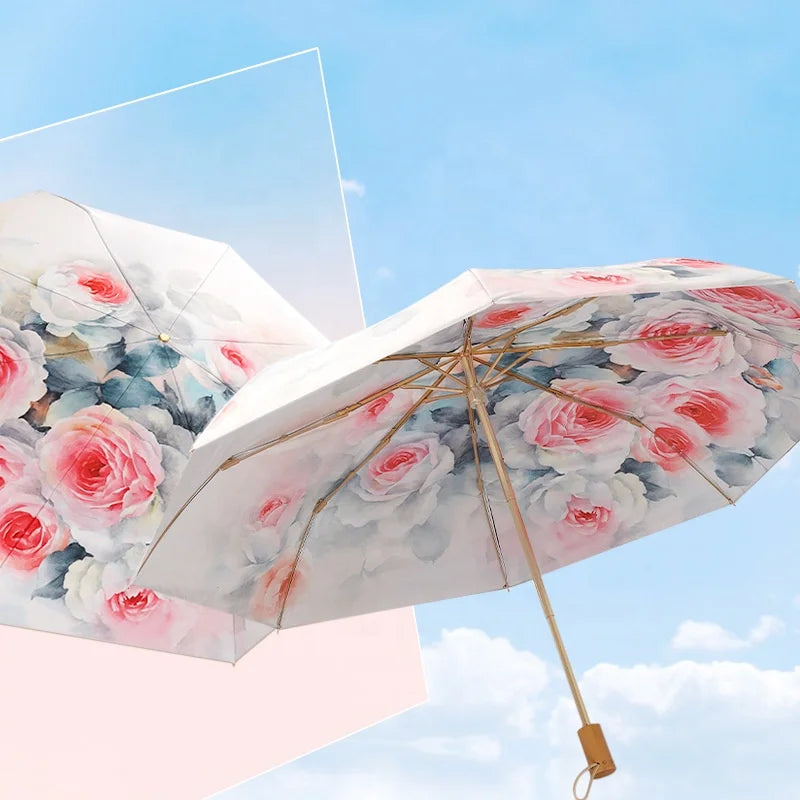 Umbrellas Sunny Rain Dual-use 3 Folding Umbrella Double-sided Super Sturdy Rainproof UV Proof Wooden Flower Sinicism Printing