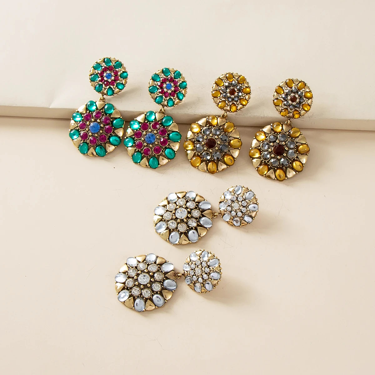 Vintage Jewelry Gold Plated Diamond Flower Dangle Earrings  Rhinestone Crystal Double Round Drop Earrings