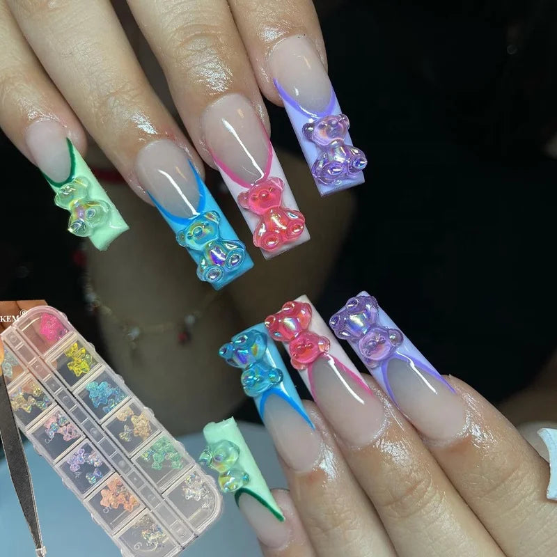 60Pcs Box Mixed 3D Cute Bear Nail Art Bow Ties Butterfly Resin Aurora Rhinestone Nails Glitter DIY Bear Nail Charms