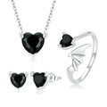 Fashionable 925 Sterling Silver Devil Heart Shaped Black Zircon Pendant Clasp Chain Necklace Earrings Ring Set Jewelry