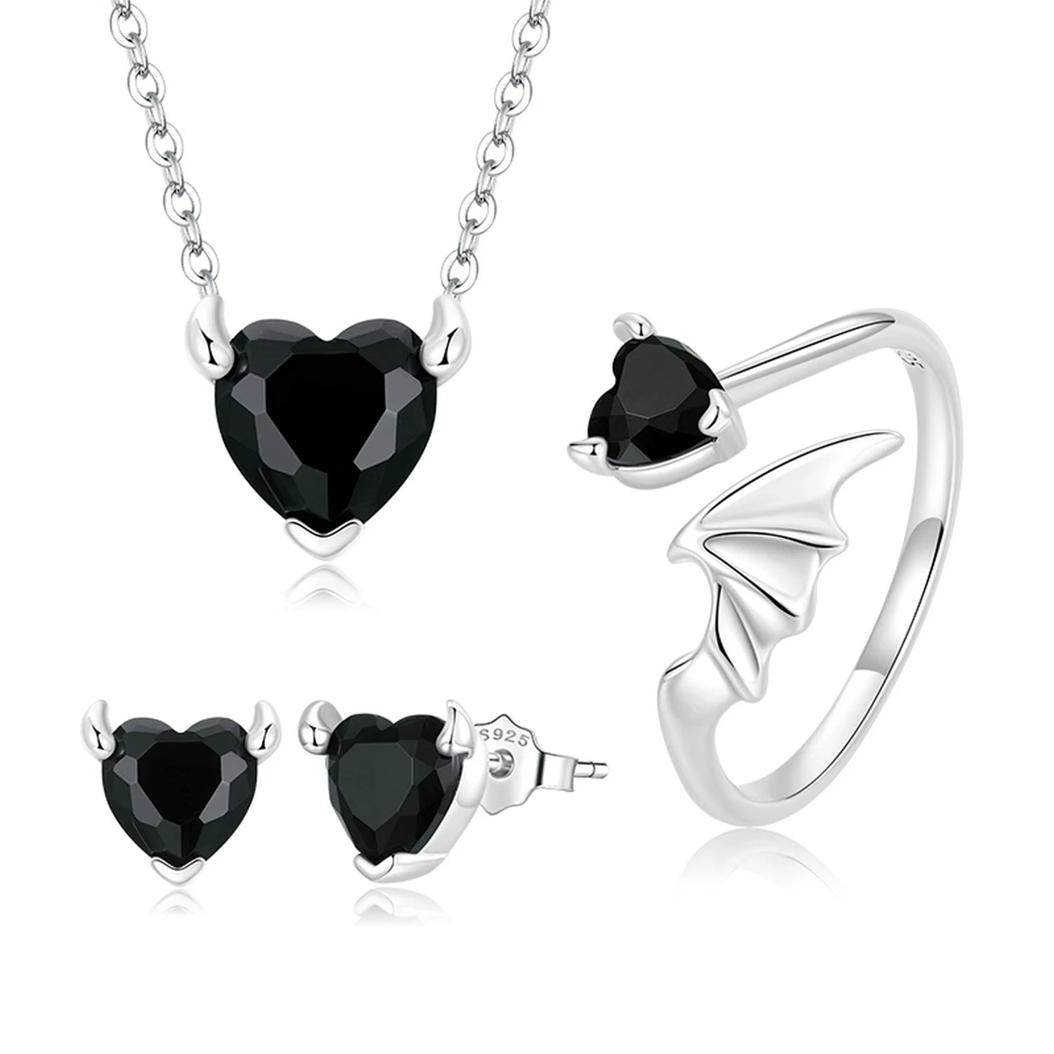 Fashionable 925 Sterling Silver Devil Heart Shaped Black Zircon Pendant Clasp Chain Necklace Earrings Ring Set Jewelry