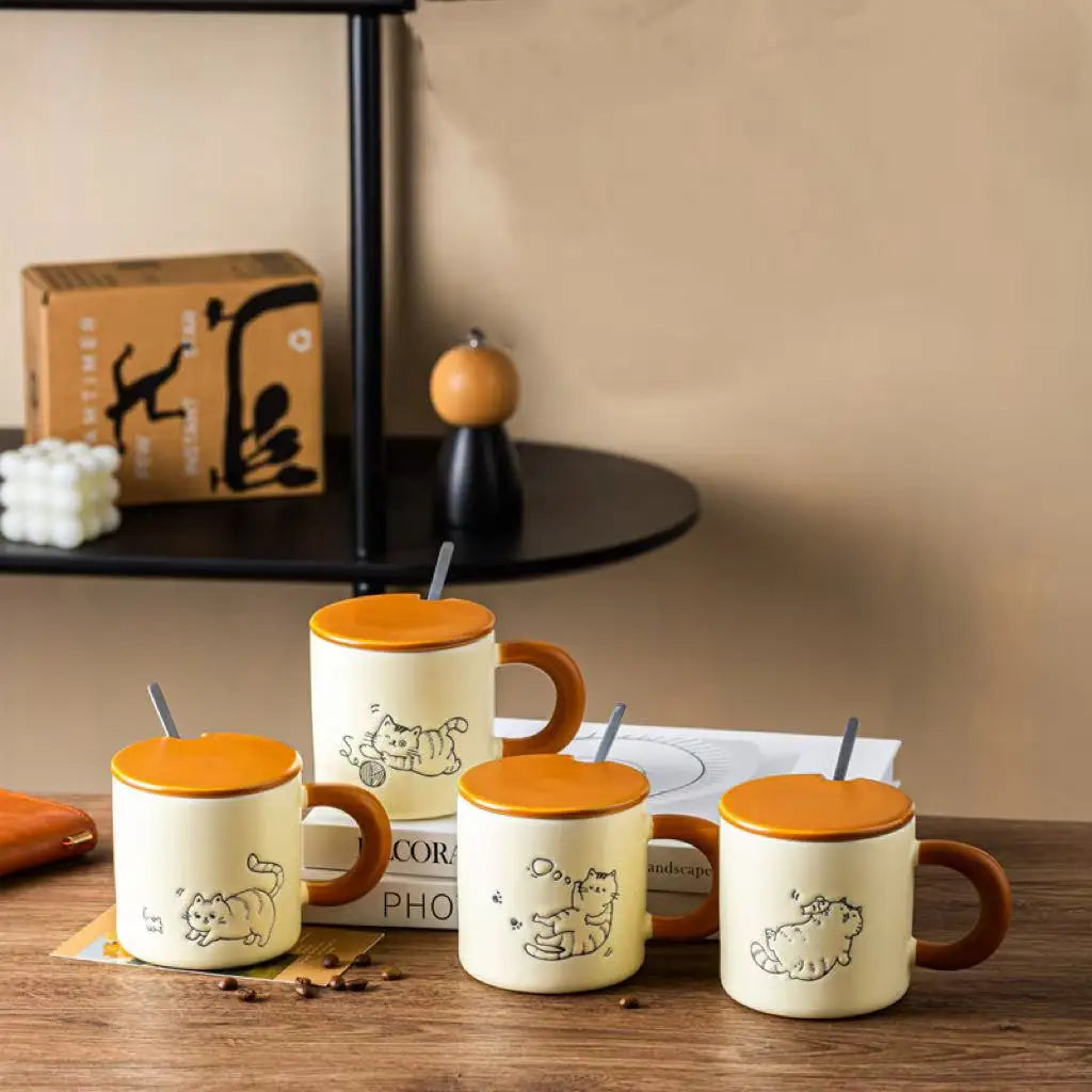 M Cartoon Cat Pattern Underglazed Ceramic Tumbler Cute Breakfast Milk Cup for Office and Kitchen with Cup Lids