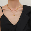 HOVANCI INS Popular Double Layer 18K Gold Plated Snake Chain Stainless Steel Checker Heart Pendant Necklace for Girls