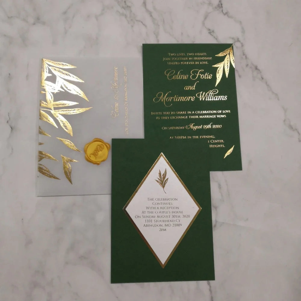 Floral Unique Vellum Wedding Invitations Card with Leaves Decoration and Wax Stamping MegaBDM