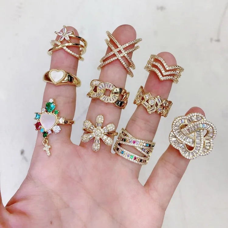RM1488 Chic 18K Gold Petite Diamond CZ Baguette Flower Heart Ring Stacking Rings Engagement Ring Gift for Her