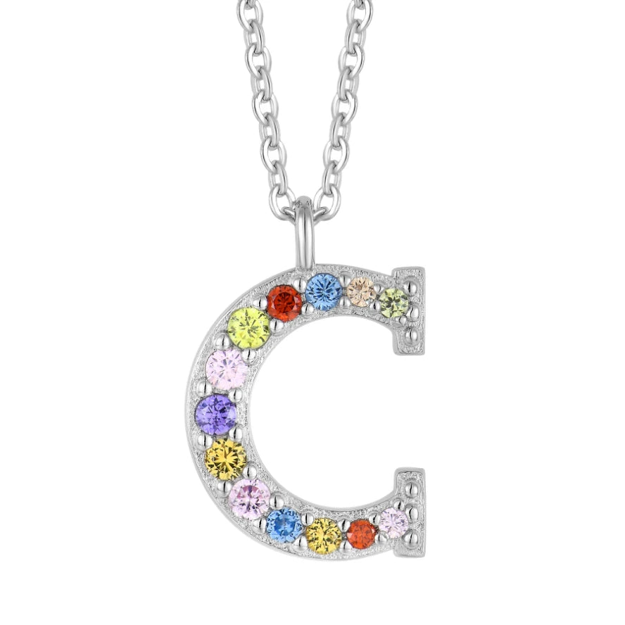 925 Sterling Silver Rhodium Plated Multicolored CZ Personalized Initial A-Z Letter Pendant Necklace for Women