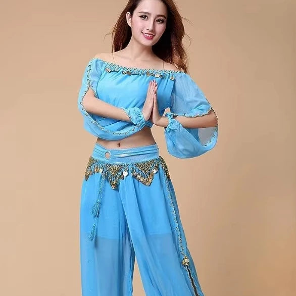 Belly Dance Chiffon Long Sleeves Top and Lantern Coins Pants Set Black Belly Arabic Indian Dance Dress Women
