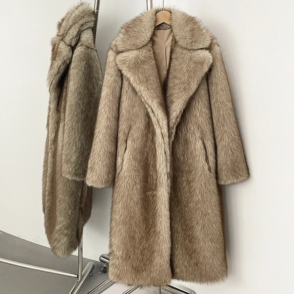 OFTBUY Women Faux Fox Fur Coat Lady Autumn Winter Warm Long Jackets Artificial Imitation Fur Furry Outerwear Elegant Thick
