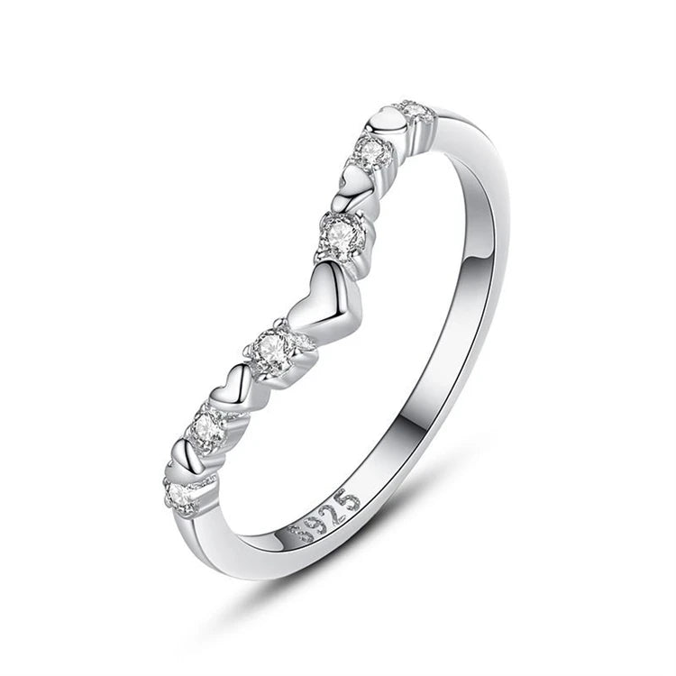 Exquisite 925 Sterling Silver V Shape Women Simple Love Heart-shaped Diamond Stacked Finger Ring