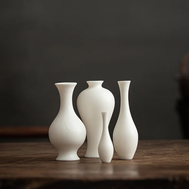 Zen Simple Mini Small Vase White Porcelain Guanyin Jade Holy-water Ornament Flower Arrangement Ceramic Tea Ceremony