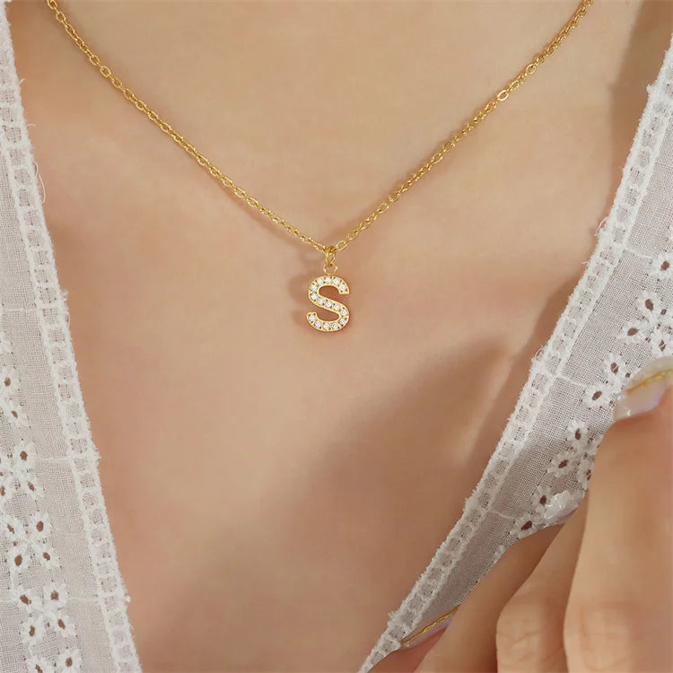 Fashion Fine Women Gold Plated Choker Necklace Stainless Steel Diamond Letter Pendant Necklace
