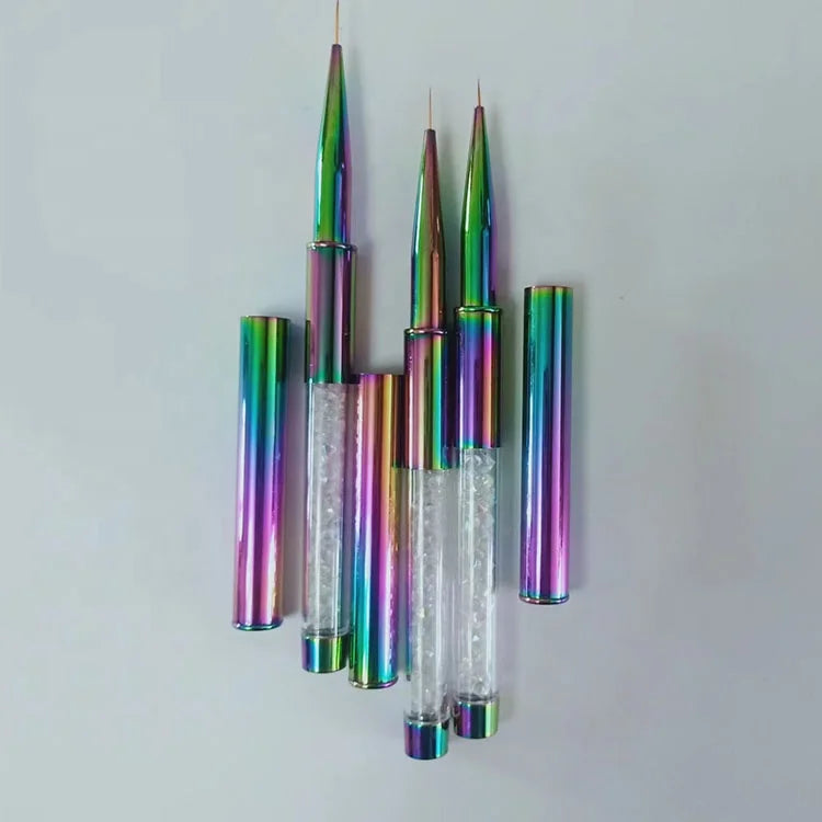 Rainbow Crystal Handle Drawing Liner Painting Pen Gel Polish Manicure Tool Colorful Metal Nail Art Brush
