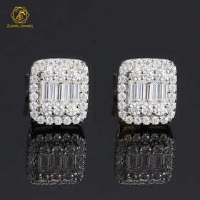 925 Silver Jewelry Mens Iced Out Earrings 14k White Gold Hiphop Screwback Cushion Cluster VVS Moissanite Stud Earrings