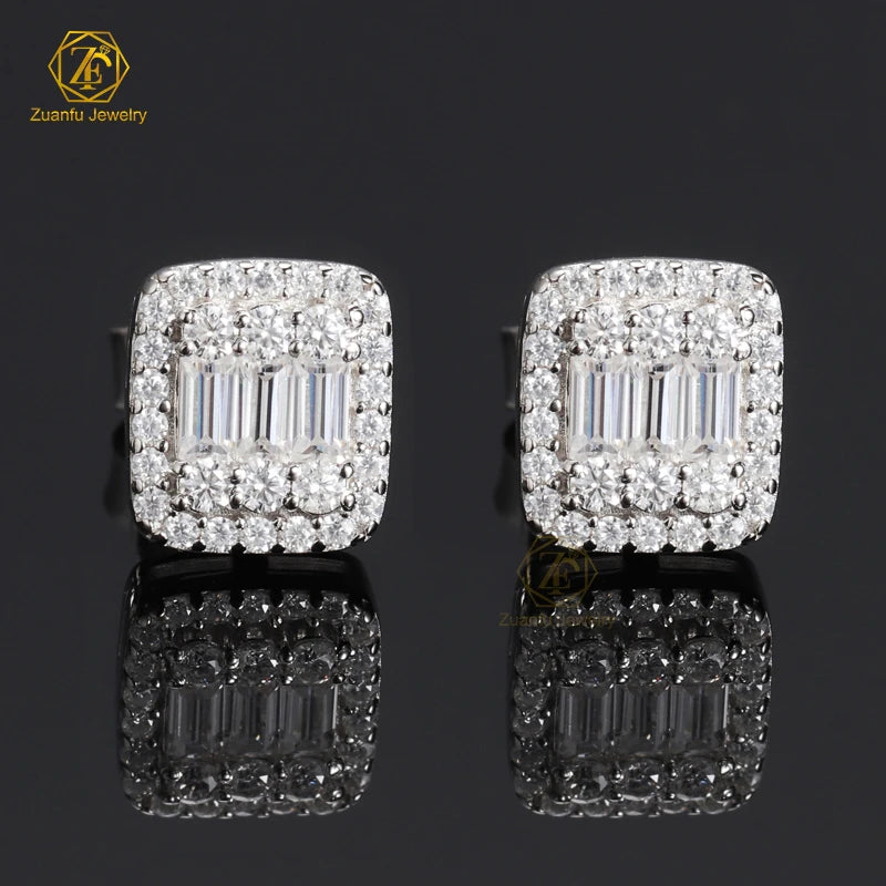 925 Silver Jewelry Mens Iced Out Earrings 14k White Gold Hiphop Screwback Cushion Cluster VVS Moissanite Stud Earrings