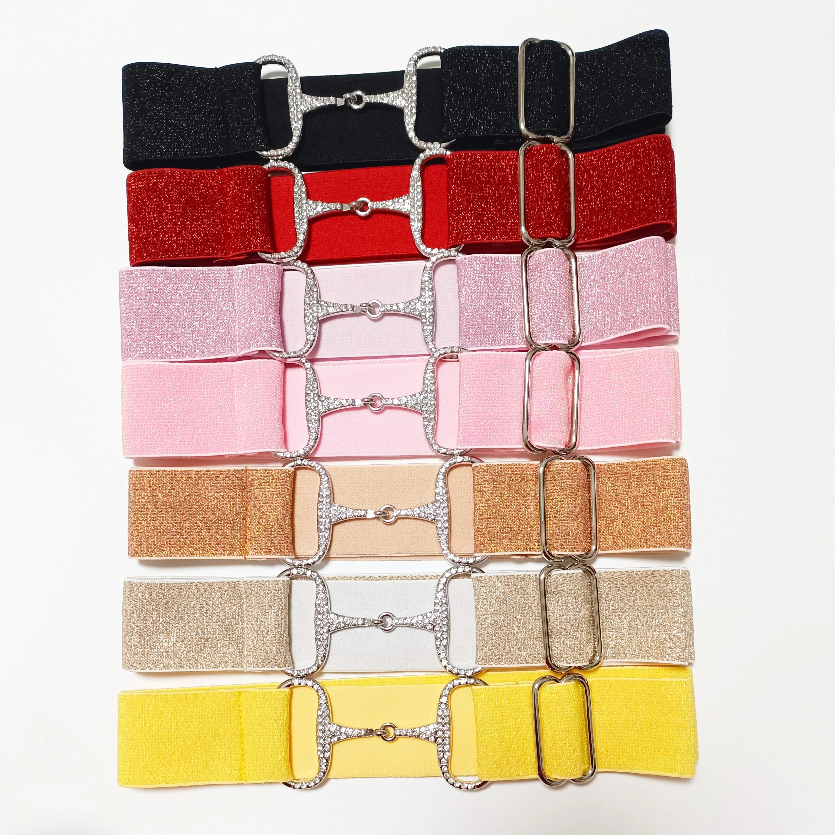 Glitter Color - NO MOQ FREE ENGRAVE LOGO Fashion Multicolored Adjustable Elastic Equestrian Belt Rhinestone Snaffle Bit Buckle