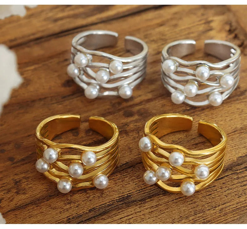 Fashion Minimalist French Style Multi-layer Wavy Pearl Elegant Niche Style Elegant Stainless Steel Opening Ring Women Jewelry