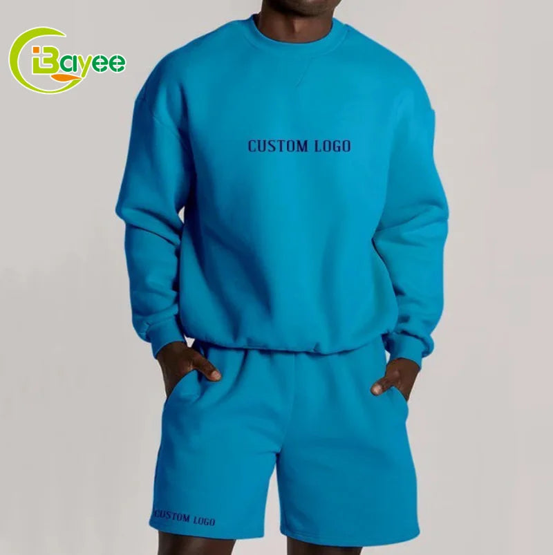 Design Your Own Cotton Fleece Track Suits Men Sports Tracksuit Custom Logo Crew Neck Oversized Hoodie and Shorts Set Sweat Suits