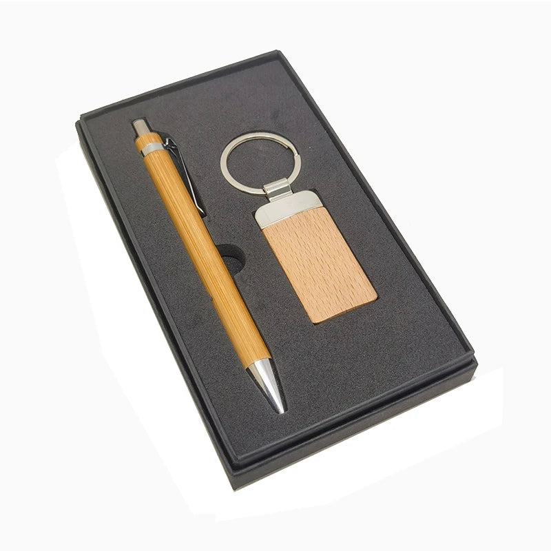 Business Custom Logo Corporate Gift Set Luxury Promotional Wood Keychain Pen Gift Set for Small Business Office Gift Items