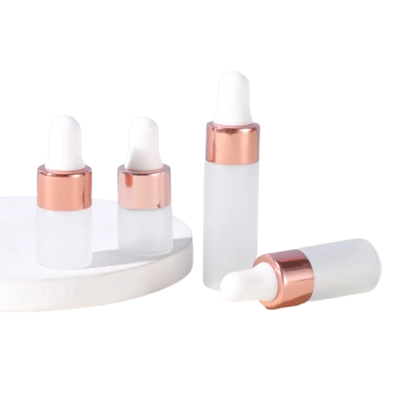 Elegant 1ml 2ml 3ml 5ml Cosmetic Essential Oil Serum Frosted Glass Dropper Bottle with Rose Gold Lids
