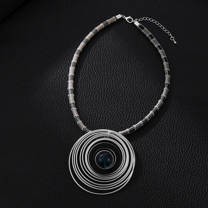 Big Round Wire Mesh Pendent Necklace with Resin Ball Woven Rope Cord Choker Necklace for Women