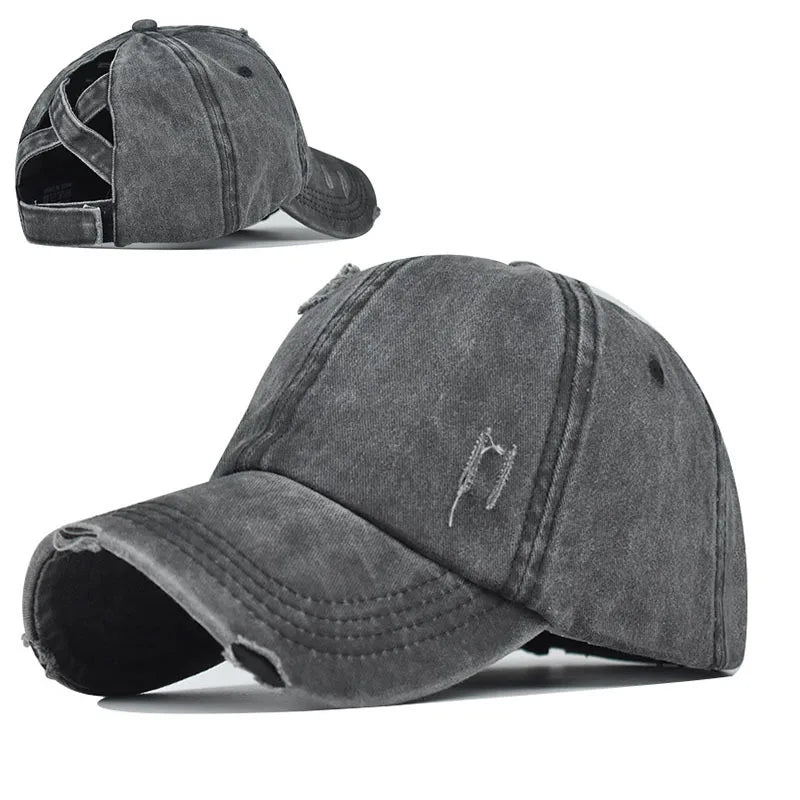 Vintage Washable Denim Cotton Distressed Curl Hair Backless Ponytail Ponycaps Baseball Hat Cap for Women