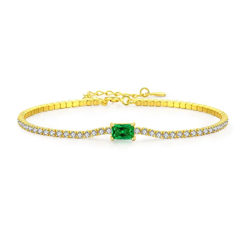 Luxury 925 Sterling Silver Gold Plated Green Rectangular Cubic Zirconia Tennis Bracelet