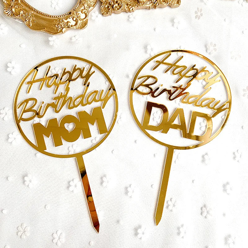 Cheap Birthday Cake Topper Gold Plated Acrylic Happy Birthday DAD Happy Birthday MOM Cake Topper for Cake Decoration