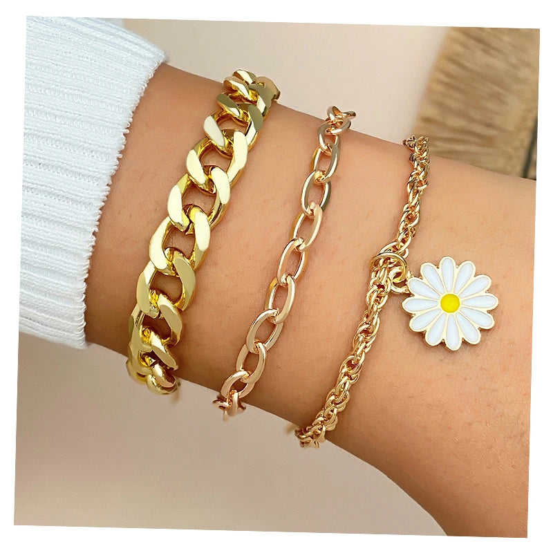VKME Fashion 18K Gold Plated Cuban Chain Bracelet Set Trend Small Daisy Bracelet