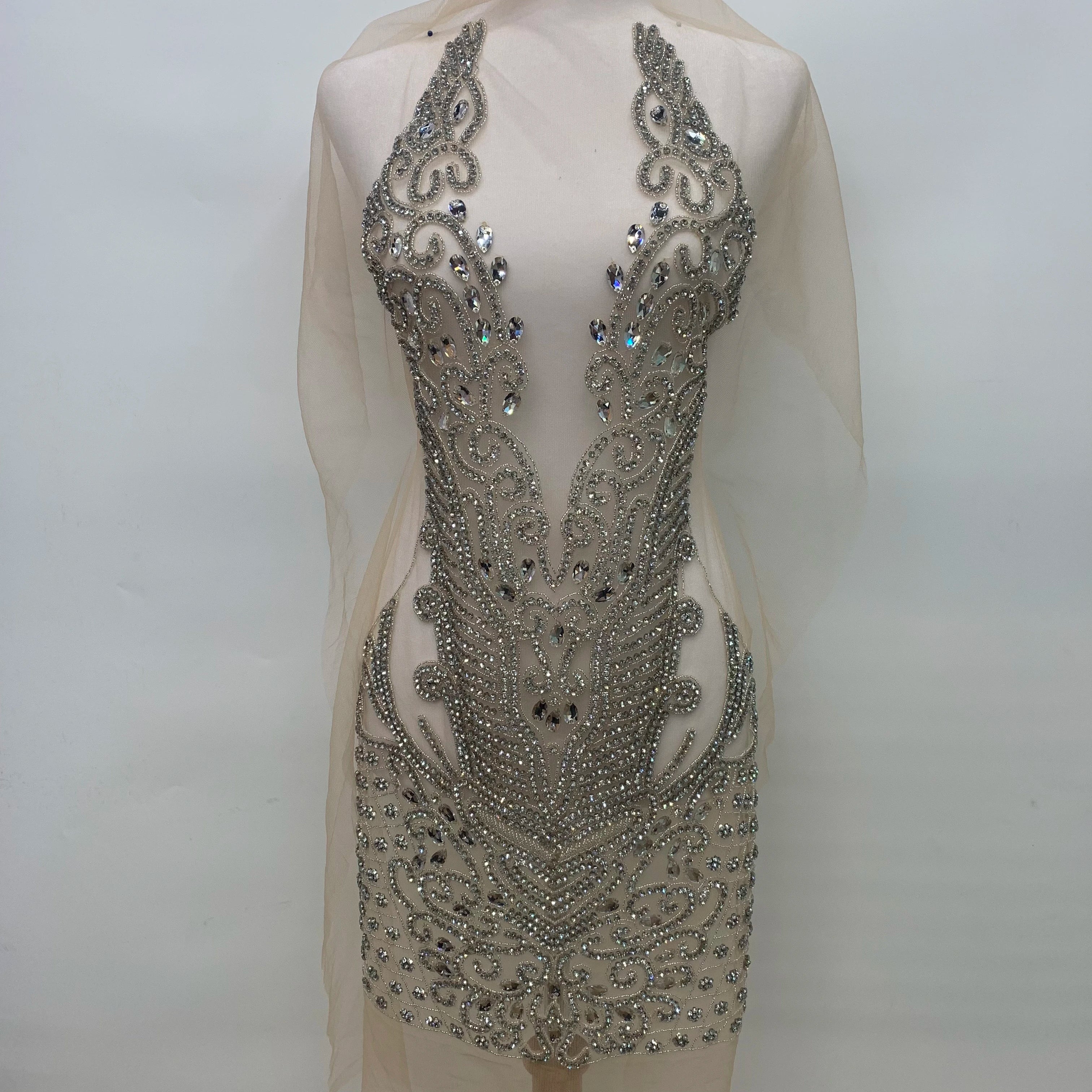 Handmade Rhinestones Lace Bodice Applique  Heavy Bead Applique for Couture