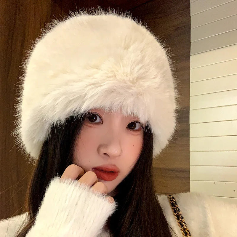 Casual Women's Faux Mink Bucket Hat Winter Panama Plush Beanie with Adjustable Ear Protection for Daily Travel Use