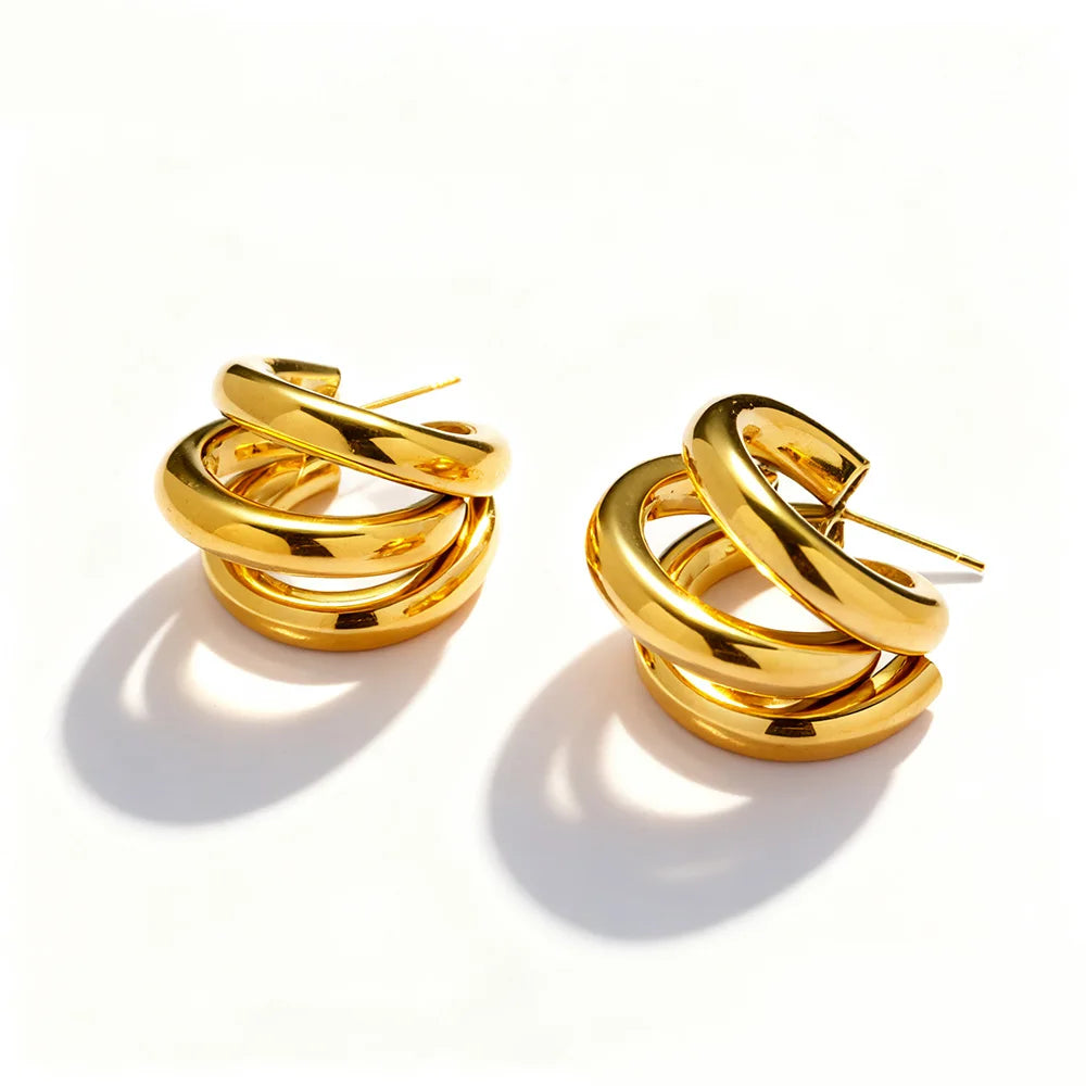 YF3041 Hypoallergenic Tarnish Free Waterproof Jewelry 18k PVD Gold Plated Stainless Steel Multi Layer C Shaped Earrings