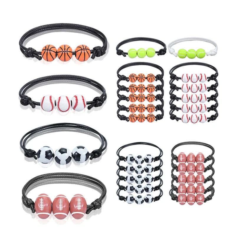 Fashion Sports Bracelets Baseball Softball Football Basketball Tennis Soccer Ball Beads Charm Handmade Knots Friendship Bracelet