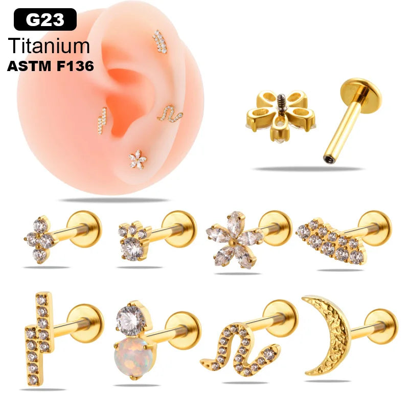 Gaby Astm F136 G23 Heart Opal Piercing De Titanio Flat Back Cartilage Tragus Prong Cz Bow Stud Earring Labret Titanium Jewelry
