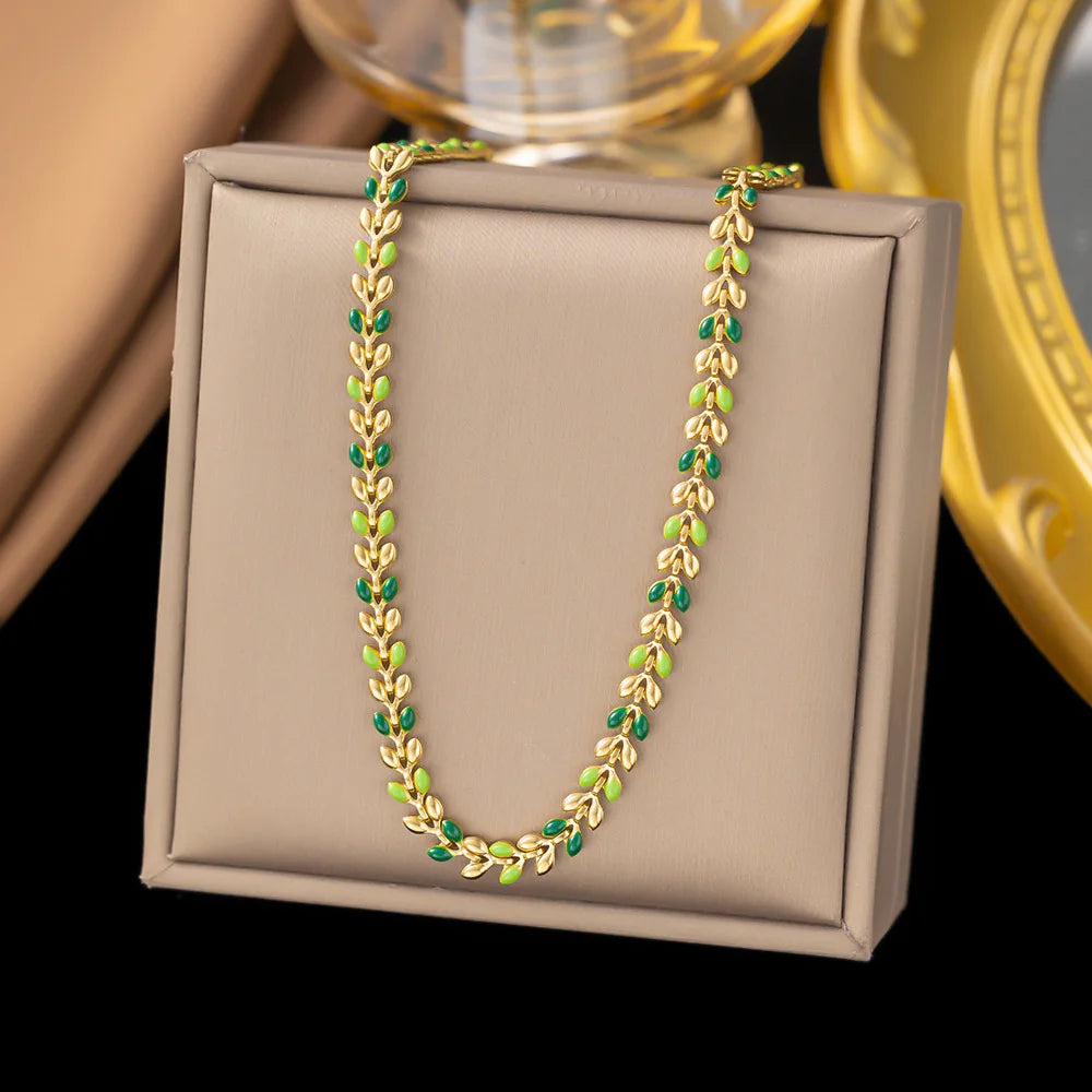 2023 New Trendy Tarnish Free 316l Stainless Steel Green Leaf Design Gold Necklace and Bracelet Jewelry Set for Women